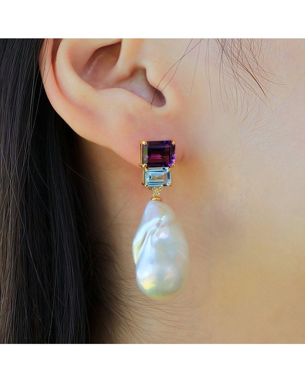 Kai Fine Jewelry White 14K 7.23 Ct. Tw. Diamond & Amethyst; Topaz & 16-17Mm Pearl Drop Earrings