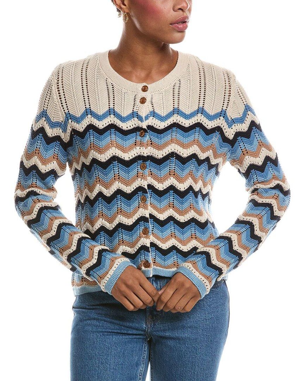 Autumn Cashmere Blue Boxy Zig Zag Stitch Crewneck Cardigan