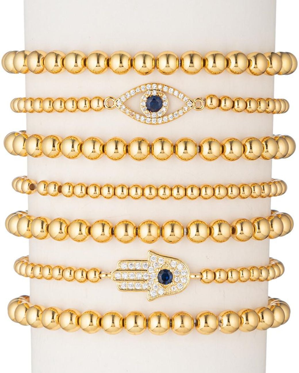 Eye Candy LA Metallic 18k Plated Cz Crystal Hamsa & Evil Eye Stretch Bracelet Set