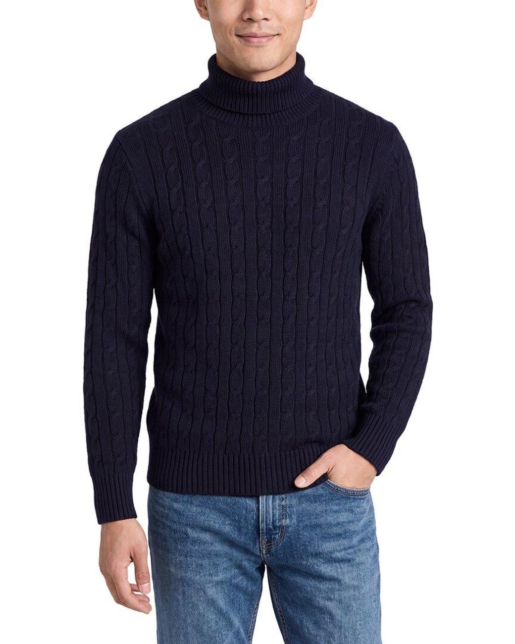 N.Peal Cashmere Blue Classic Cable 100% Cashmere Roll Neck Sweater for men
