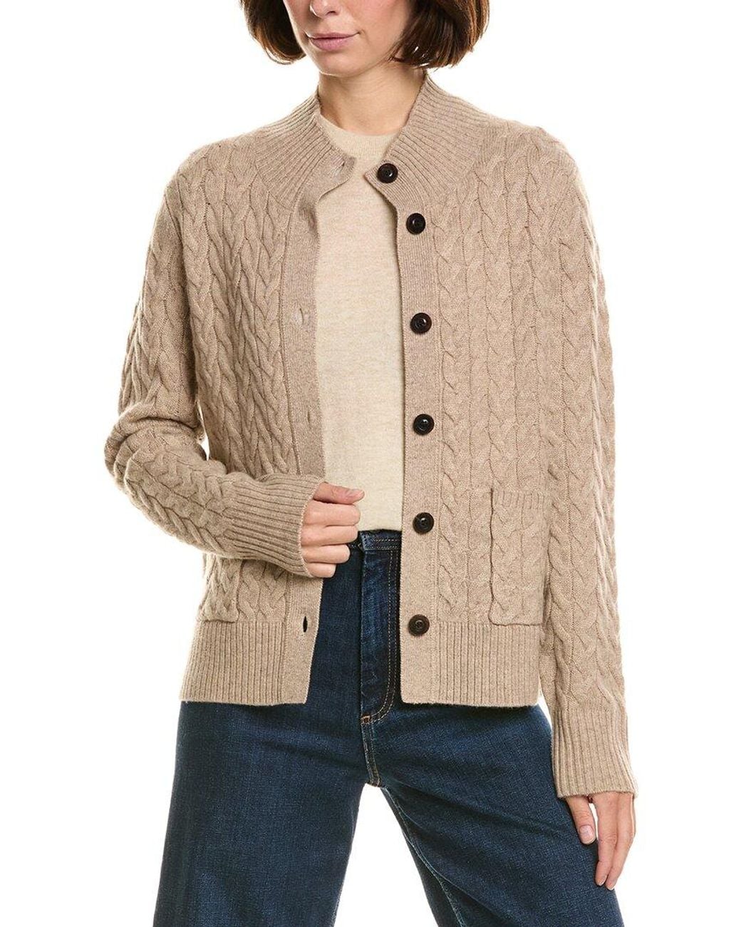 InCashmere Natural Mock Neck Wool & Cashmere-Blend Cable Cardigan