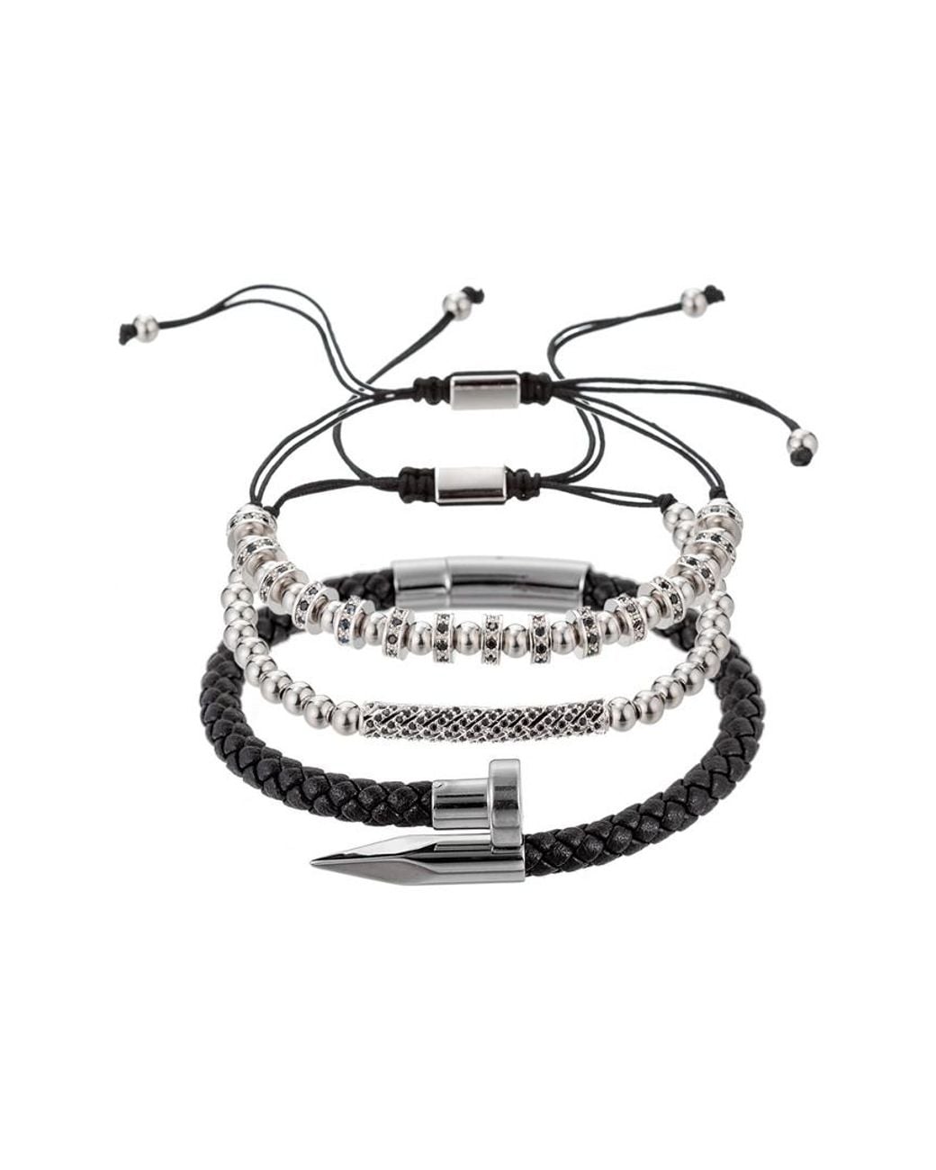 Eye Candy LA White Luxe Collection Solomun 3 Piece Leather And Brass Beaded Bracelet Set for men