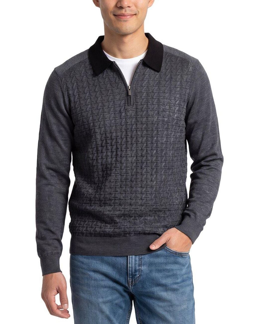 Raffi Blue Jacquard Zip Wool-Blend Polo Shirt for men
