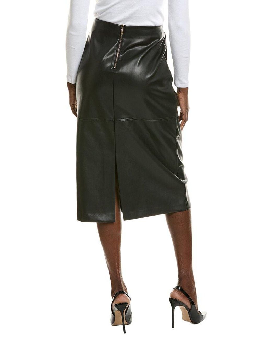 Halston Heritage Black Vegan Leather Straight Midi Skirt