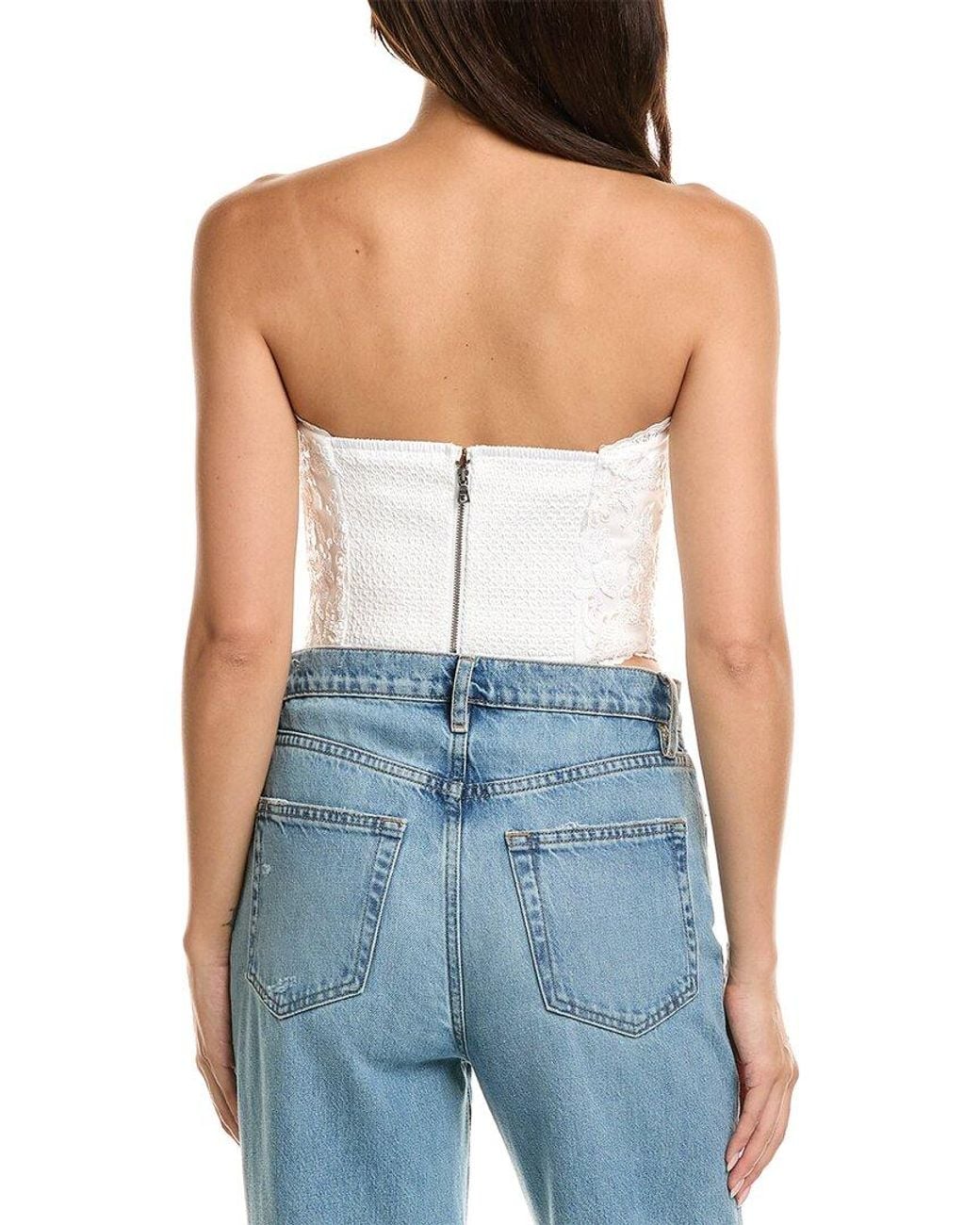 Alice + Olivia Blue Ceresi Embellished Lace Smocked Back Bandeau Top