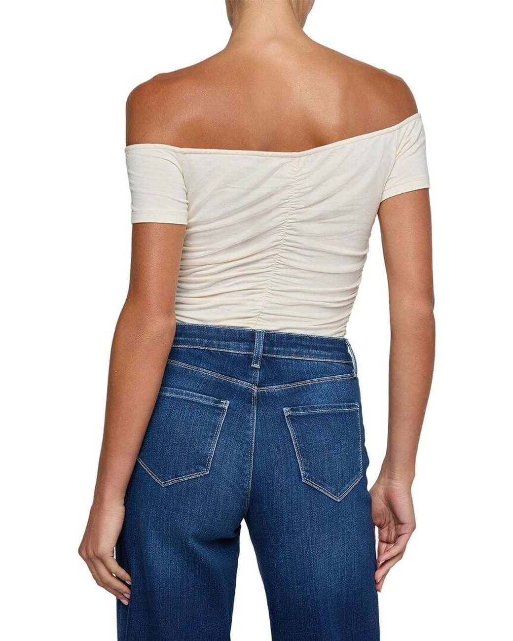 L'Agence Blue Baliegh Off-The-Shoulder Ruched Bodysuit