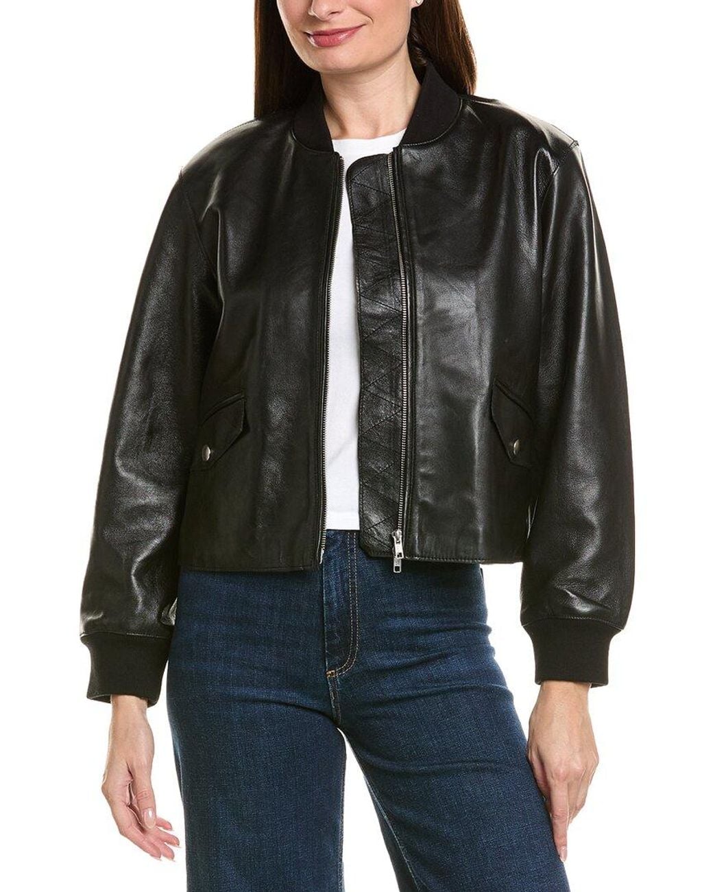 Neiman Marcus Black Cropped Zip Front Leather Bomber Jacket