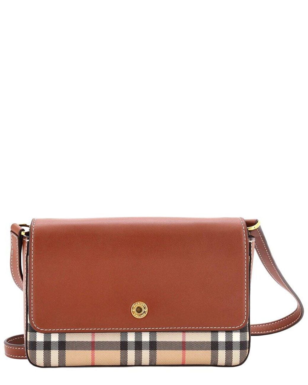 Burberry Brown Leather & Vintage Check Canvas Hampshire Shoulder Bag Small (Authentic Pre-Loved)