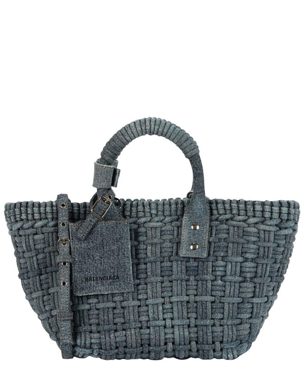 Balenciaga Blue Bistro Xs Leather-Trim Basket Top Handle Bag