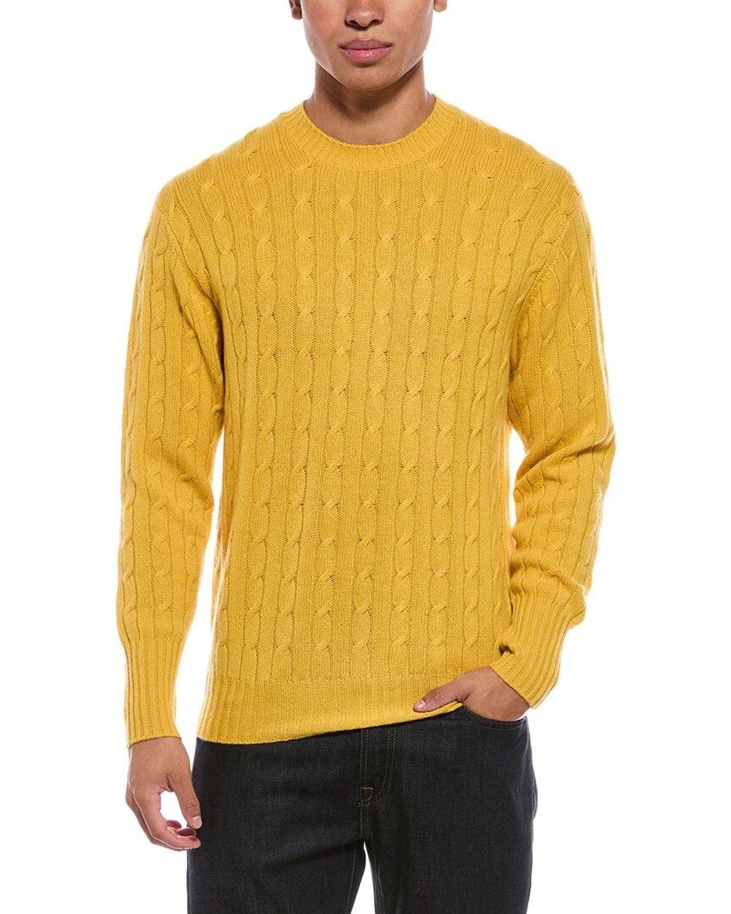 N.Peal Cashmere Yellow Thames Cable 100% Cashmere Crewneck Sweater for men
