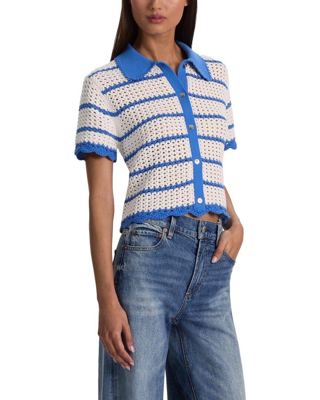 Alice + Olivia Blue Randall Pointelle Polo Cardigan