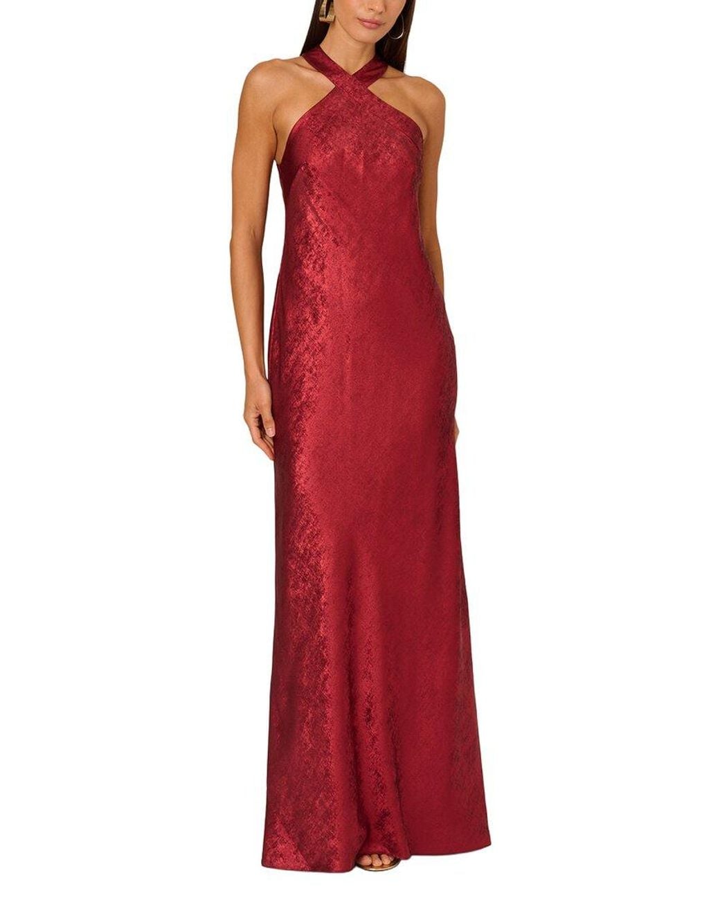 ADRIANNA EVE Red Foiled Woven Bias Halter Gown