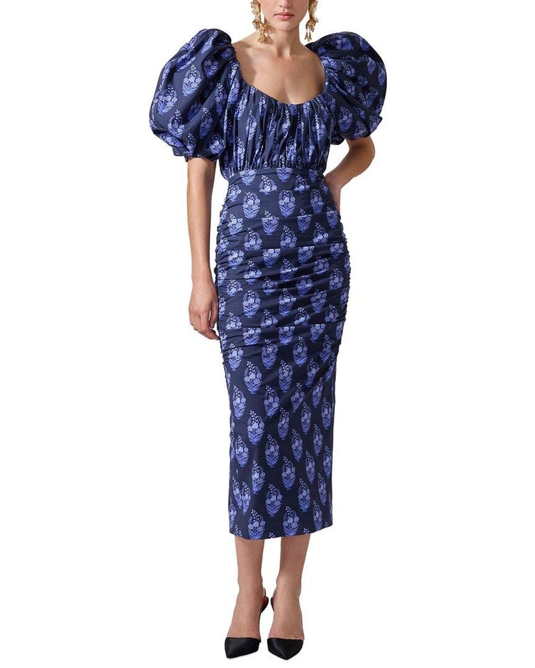 Carolina Herrera Blue Puff Sleeve Gathered Midi Dress