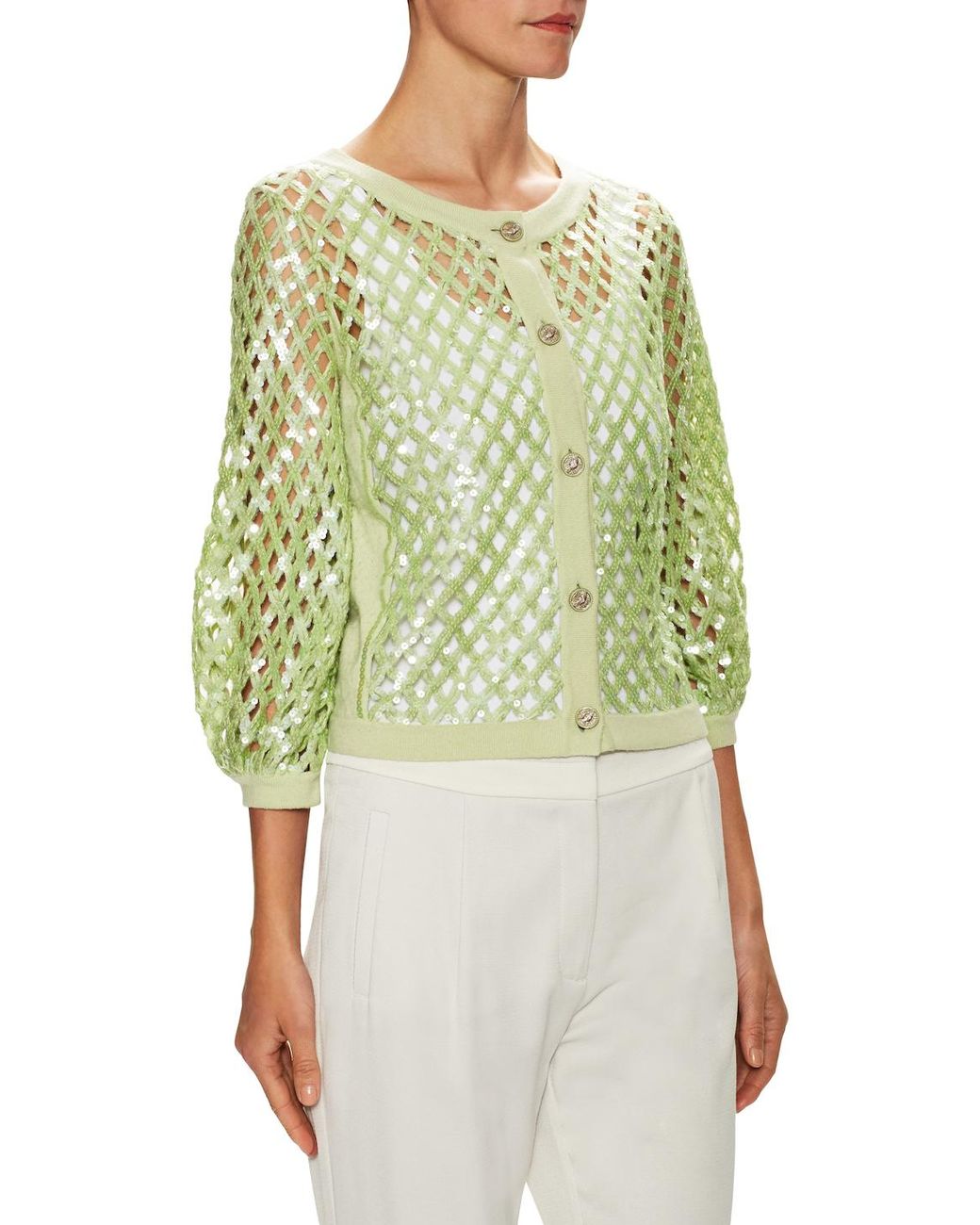 Chanel Vintage Cashmere Sequin Cardigan in Green | Lyst