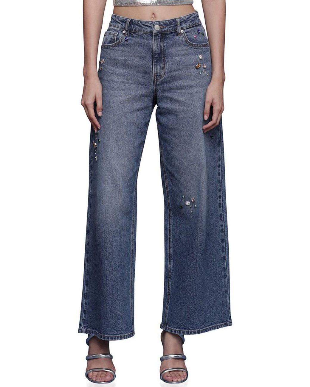 Avec Les Filles Blue Bejeweled Wide Leg Jeans