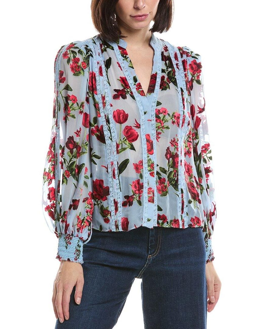 Alice + Olivia Arlette Collared Blouson Sleeve Silk-Blend Blouse