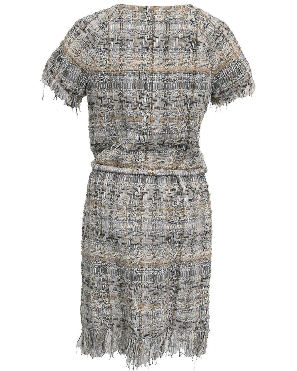 Chanel Gray Pale Tweed Waist Tie Detail Zip Front Dress Size Fr (Authentic Pre-Loved)