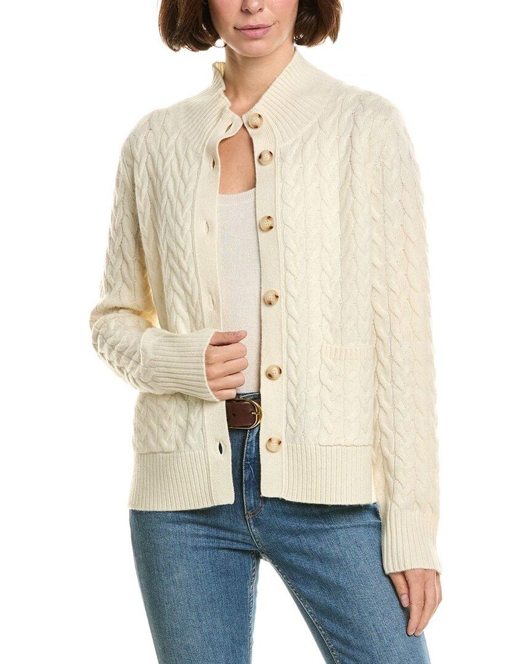 InCashmere Natural Mock Neck Wool & Cashmere-Blend Cable Cardigan