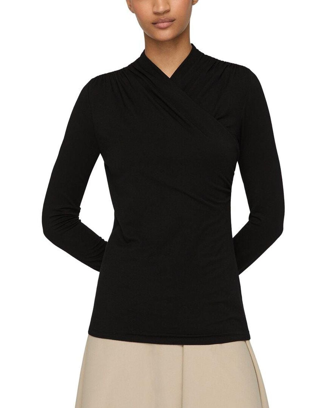 Lafayette 148 New York Black Ruched Wrap Front Top