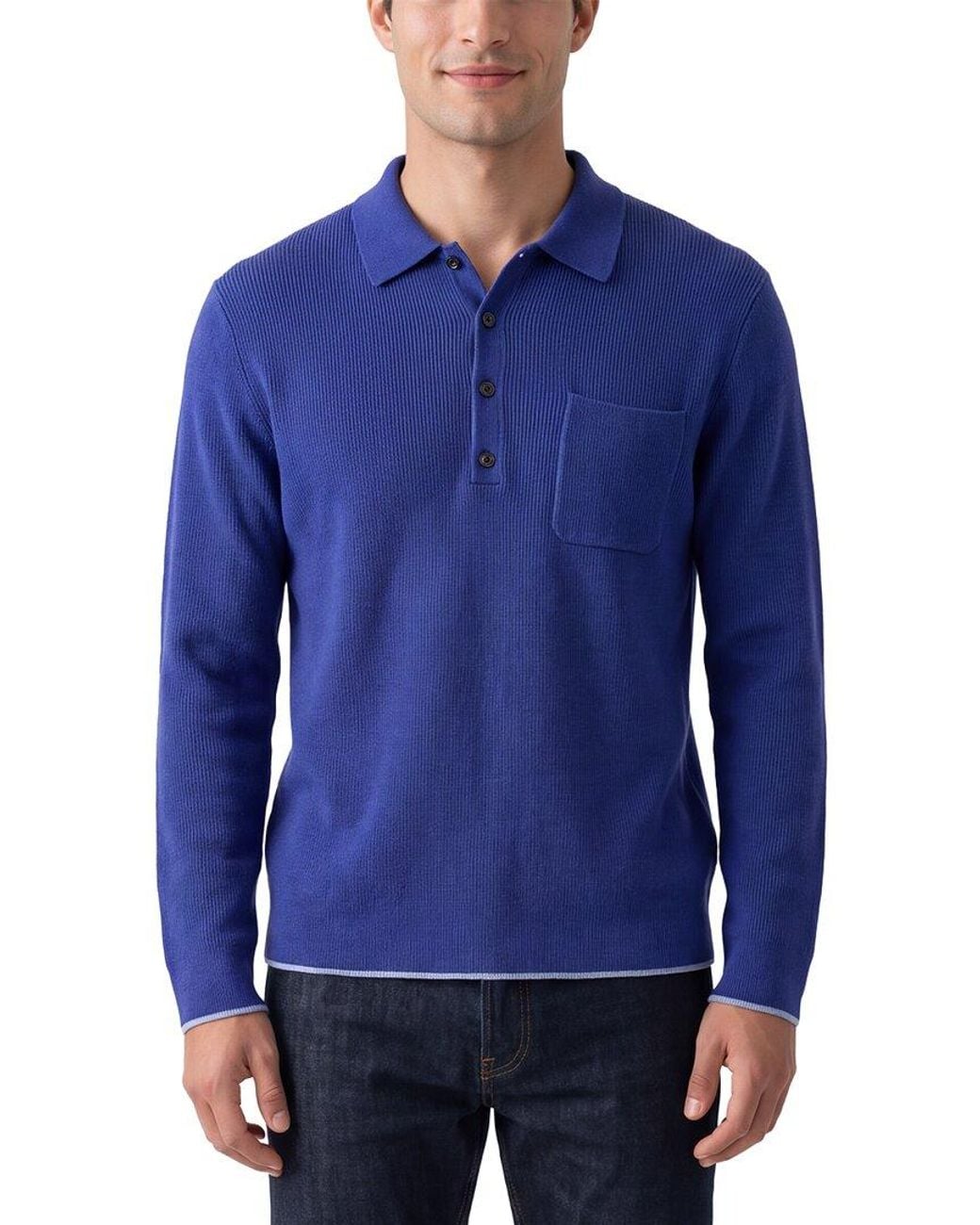 N.Peal Cashmere Blue Ribbed 100% Cashmere Polo Shirt for men