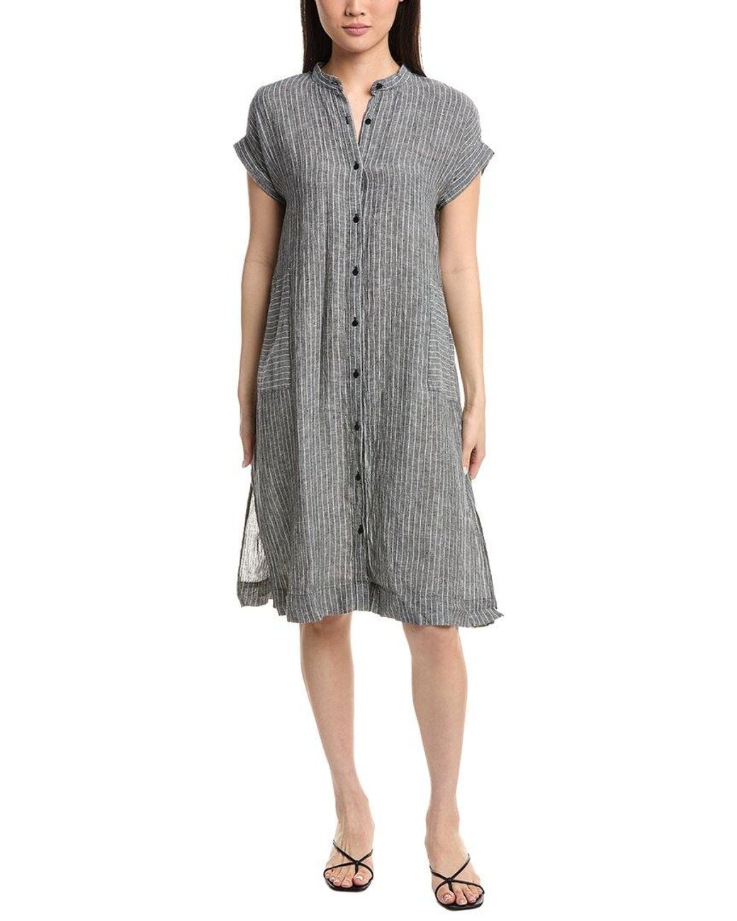 Eileen Fisher Gray Petite Mandarin Collar Linen Midi Dress