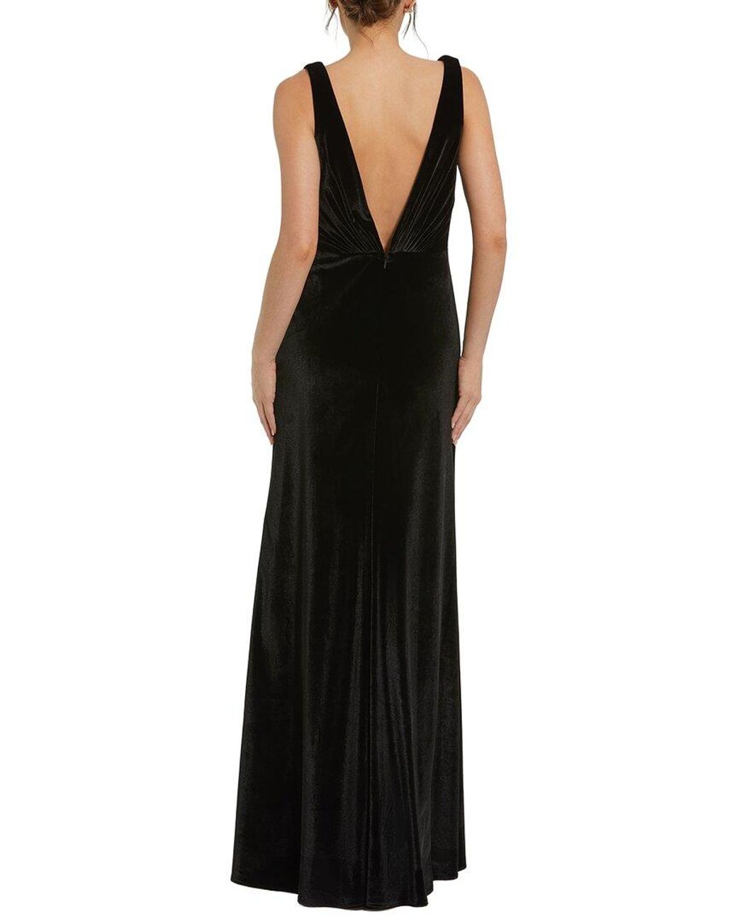 Mac Duggal Black Deep V High Slit Draped Velvet Fitted Gown