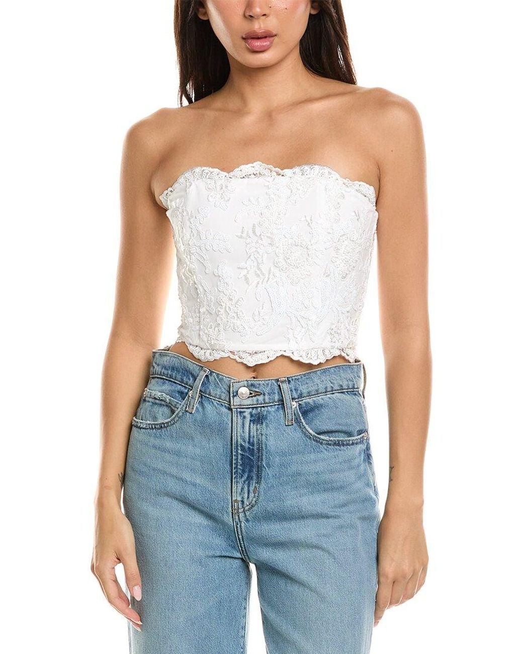 Alice + Olivia Blue Ceresi Embellished Lace Smocked Back Bandeau Top