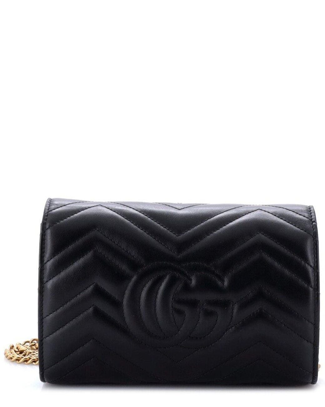 Gucci Black Matelasse Leather Gg Marmont Chain Wallet Mini (Authentic Pre- Loved)