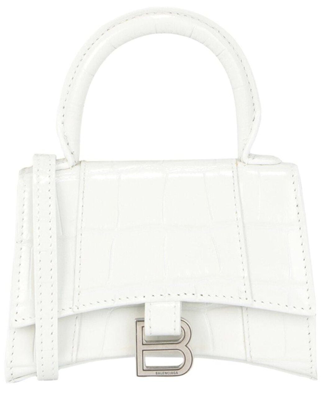 Balenciaga White Hourglass Xs Crocodile Embossed Leather Top Handle Bag