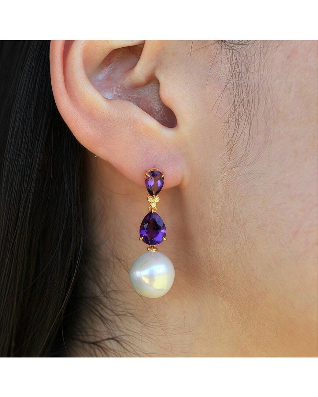 Kai Fine Jewelry Pink 14K 4.03 Ct. Tw. Diamond & Amethyst & 12-13Mm Pearl Drop Earrings