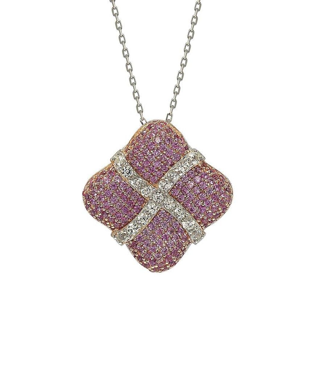 Suzy Levian Pink Silver 0.02 Ct. Tw. Diamond & Sapphire Pendant Necklace