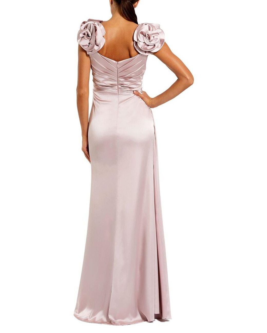 Mac Duggal Pink Satin Faux Wrap Gown With 3D Flower Straps