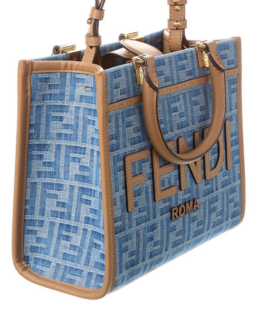 Fendi Sunshine Small Ff Denim & Leather Tote in Blue | Lyst