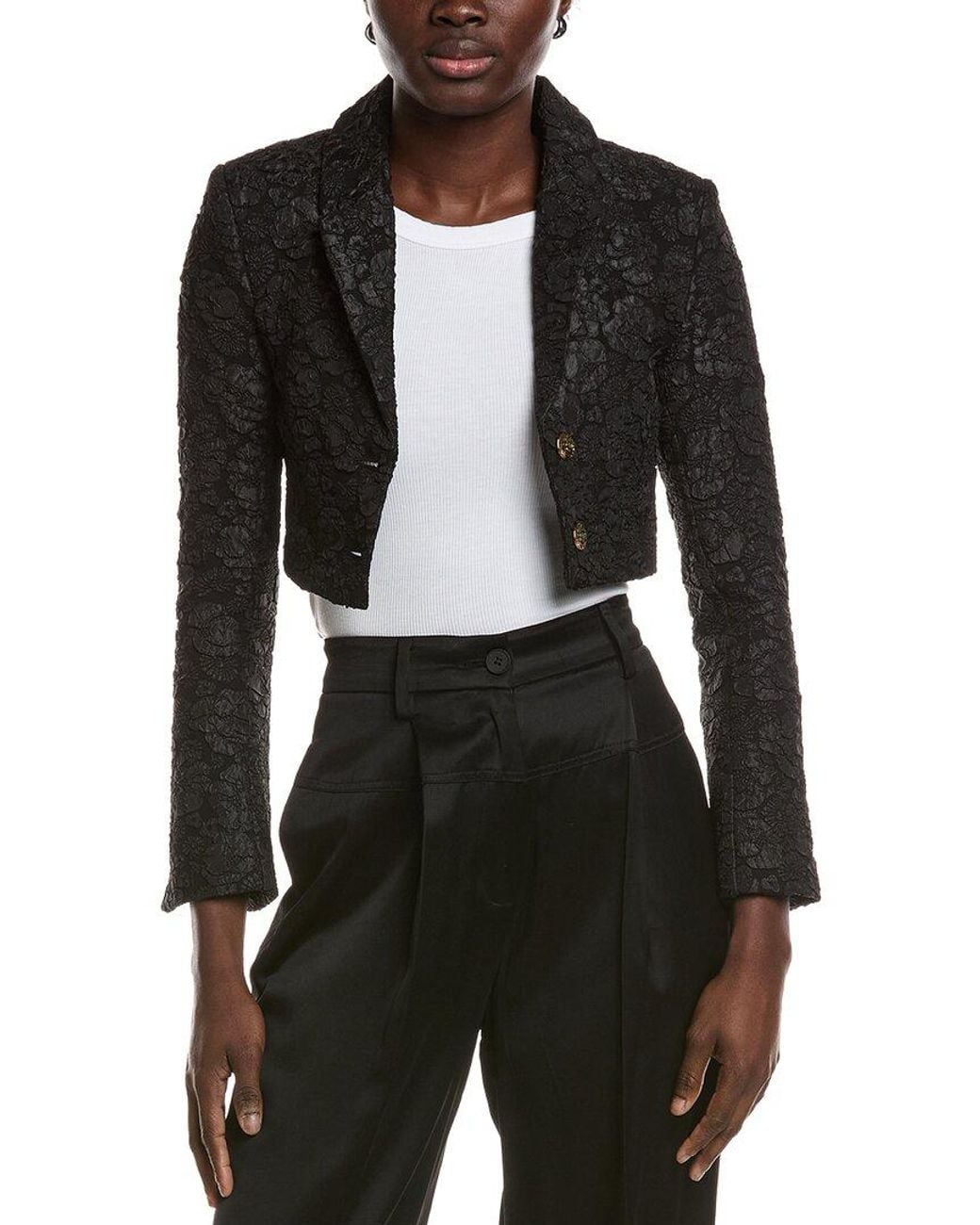 Ganni Black Stretch Jacquard Cropped Blazer