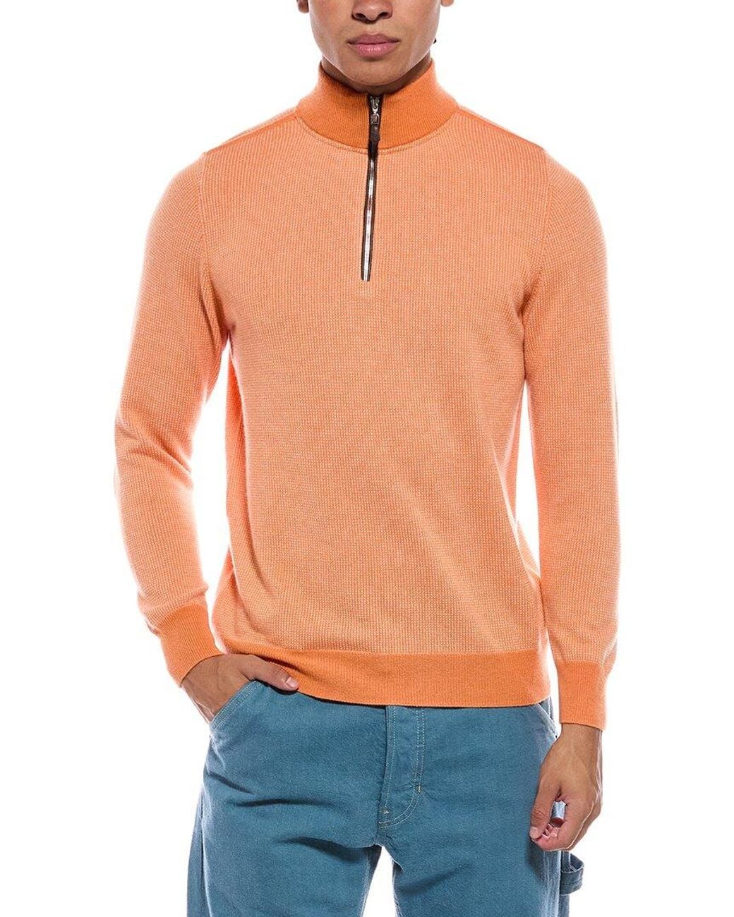 N.Peal Cashmere Blue Carnaby Birdseye 1/2-Zip 100% Cashmere Mock Neck Sweater for men