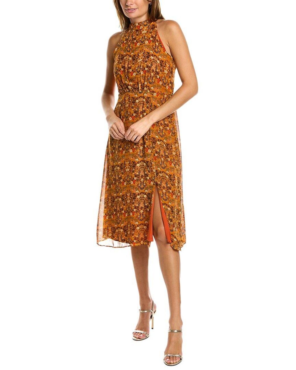 Julia Jordan Brown Ruffle Neck Floral Midi Dress