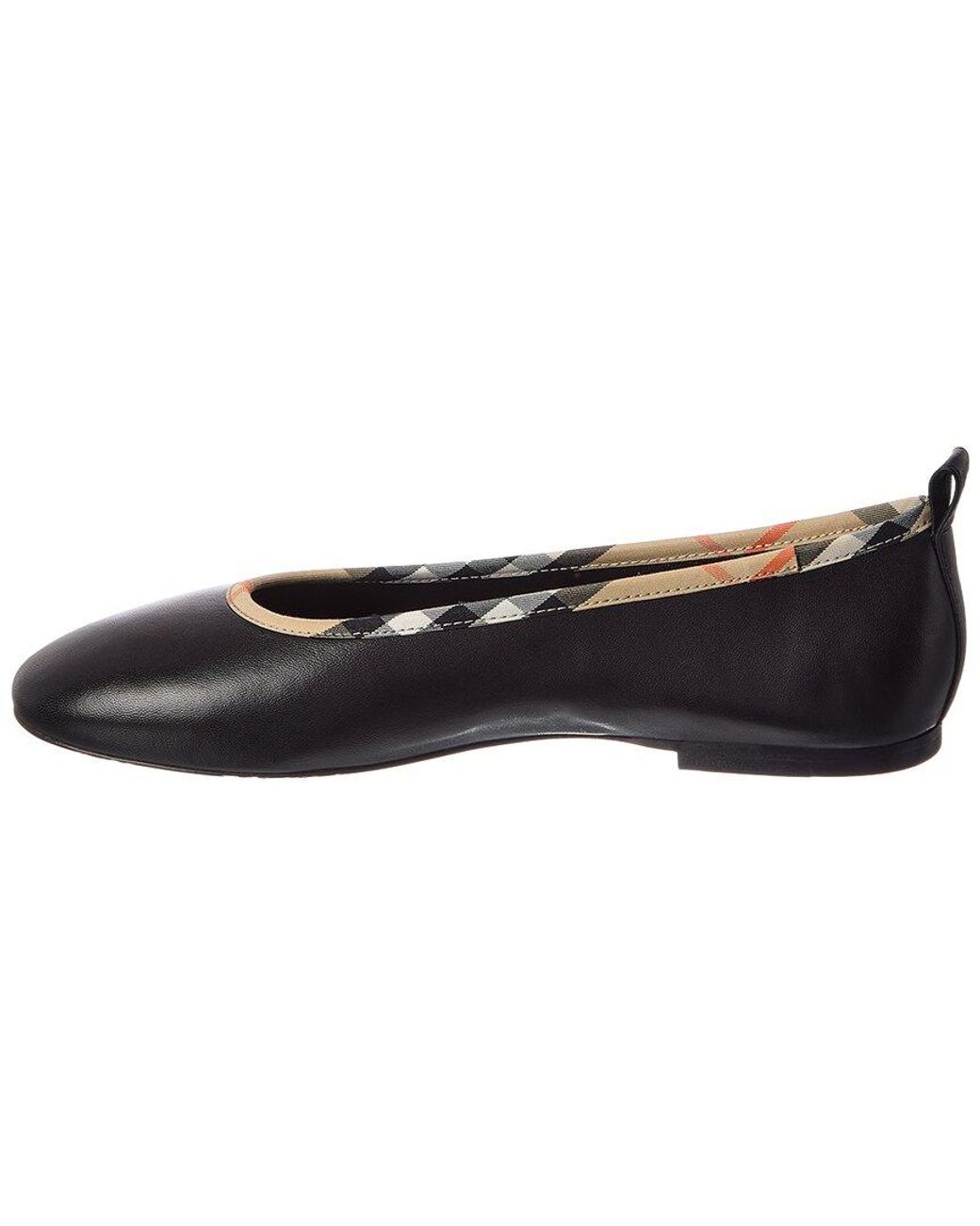 Burberry Black Check Trim Leather Ballerina Flat