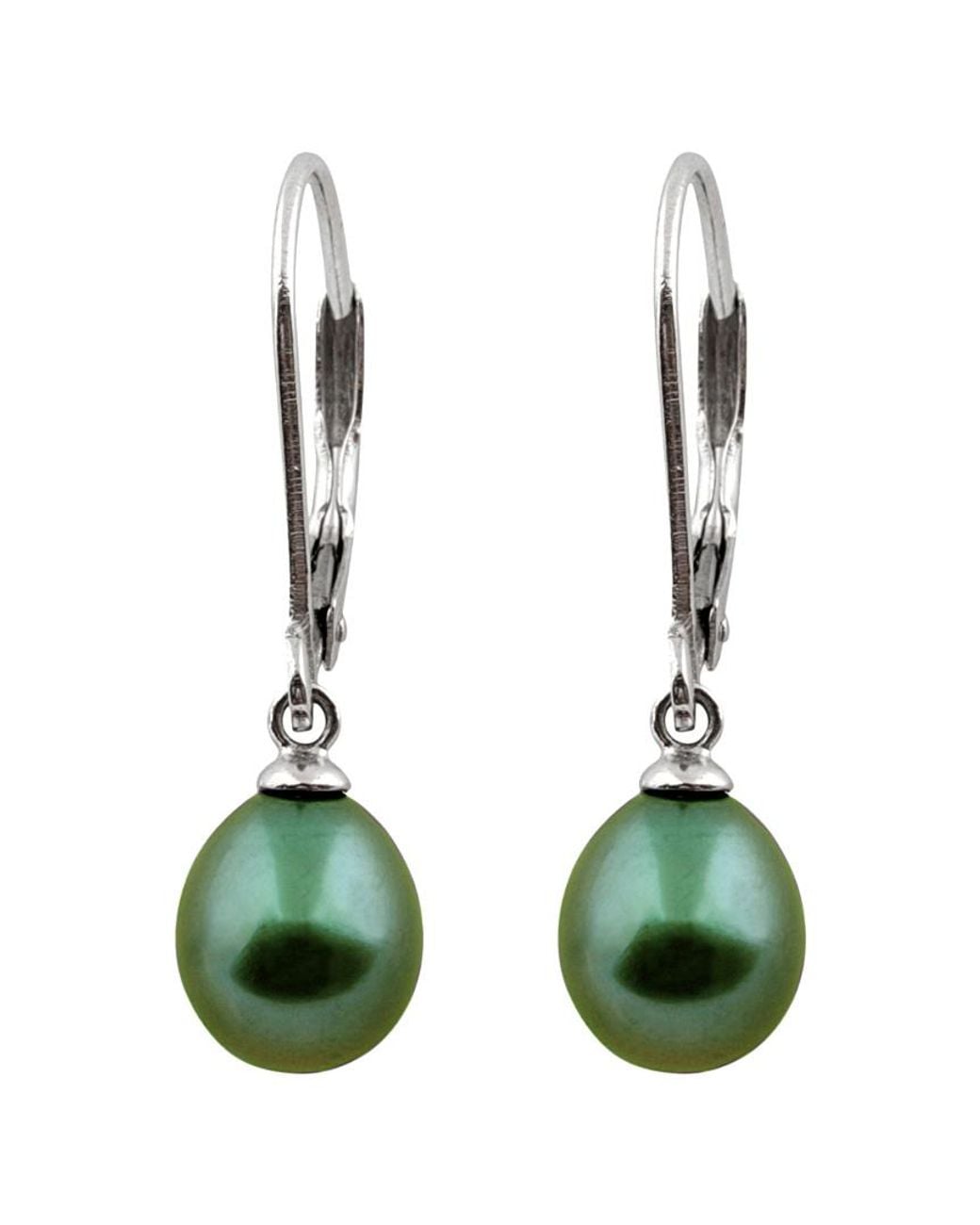 Splendid Green Rhodium Plated Silver 7.5-8mm Freshwater Pearl Drop Earrings