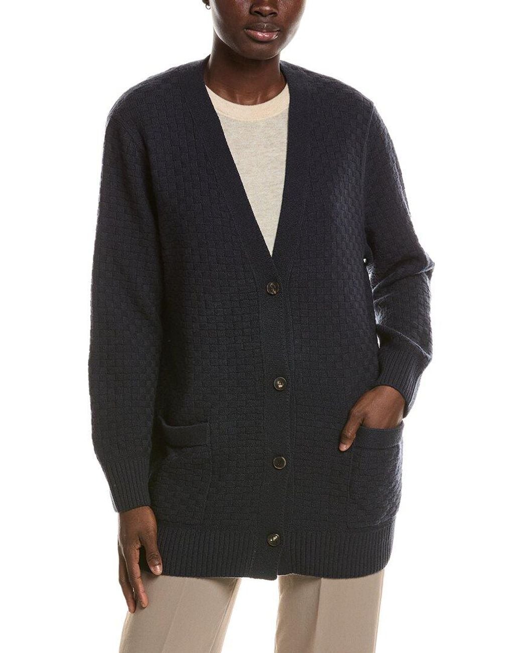 Lafayette 148 New York Black Basket Stitch Button Front 100% Cashmere Cardigan