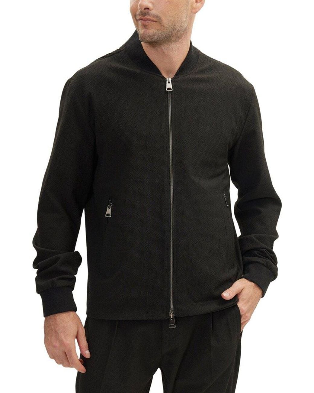 Ron Tomson Black Waffle Stretch Beach Day Bomber Jacket for men