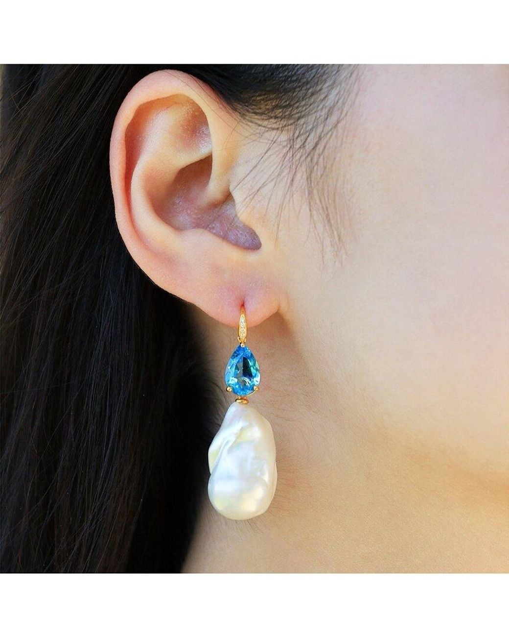 Kai Fine Jewelry Blue 14K 7.05 Ct. Tw. Diamond & Topaz & 16-17Mm Pearl Drop Earrings