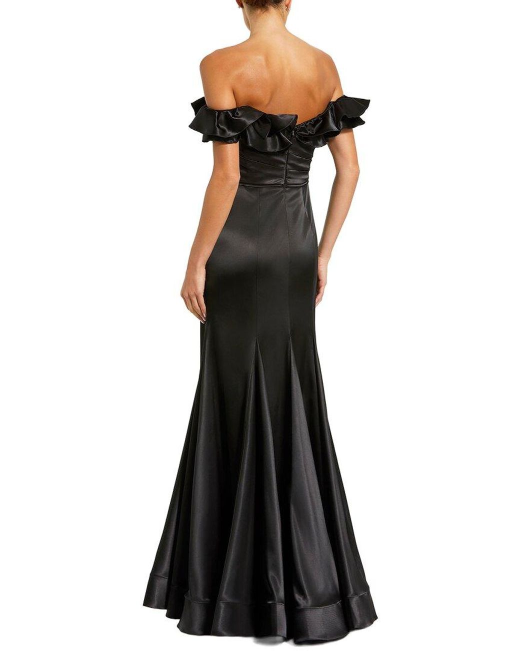 Mac Duggal Black Satin Ruffle Detail Off The Shoulder Mermaid Gown