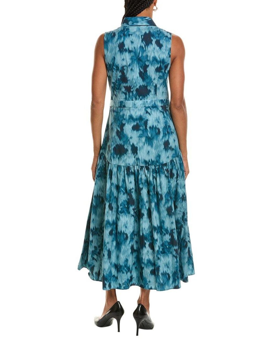 Michael Kors Blue Floral Chiné Cotton Poplin Drop Waist Shirtdress