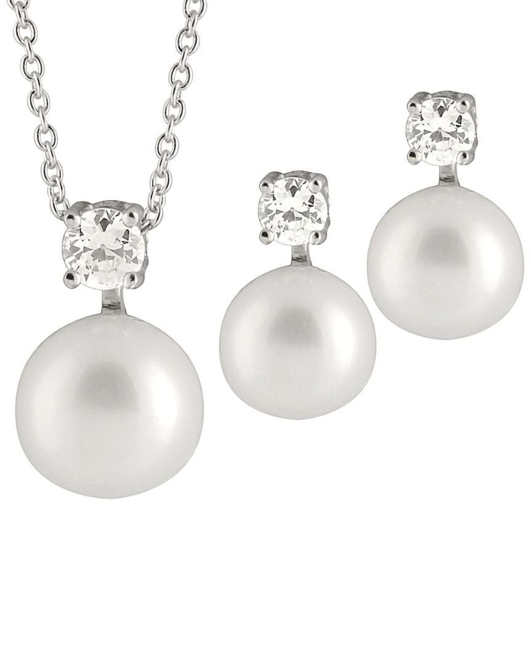 Splendid White Silver 7.5-8mm Freshwater Pearl & Cz Drop Earrings & Necklace Set