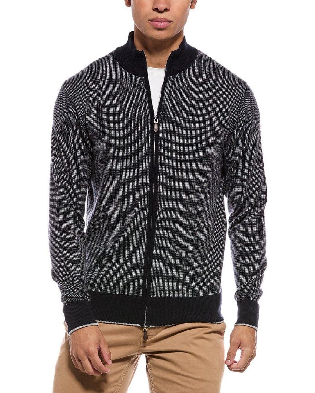 N.Peal Cashmere Gray Knightsbridge Full Zip 100% Cashmere Mock Neck Sweater for men