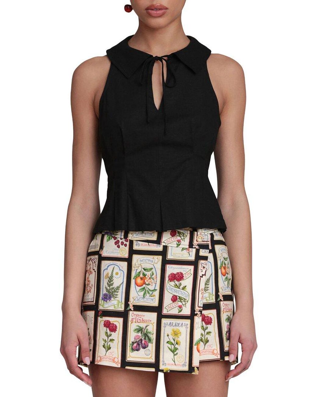 Avec Les Filles Black Front Tie Linen-Blend Top