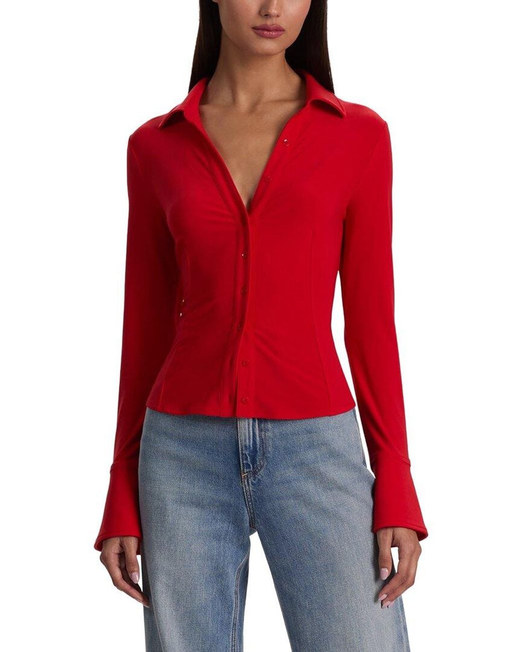 Alice + Olivia Red Freya Fitted Nipped Waist Button-Down Top