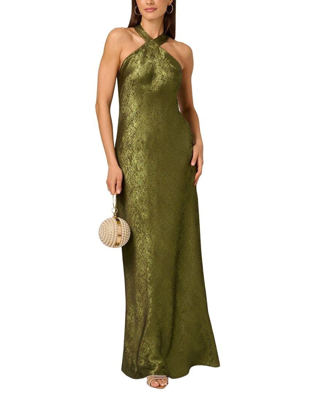 Adrianna Papell Green Foiled Woven Halter Gown