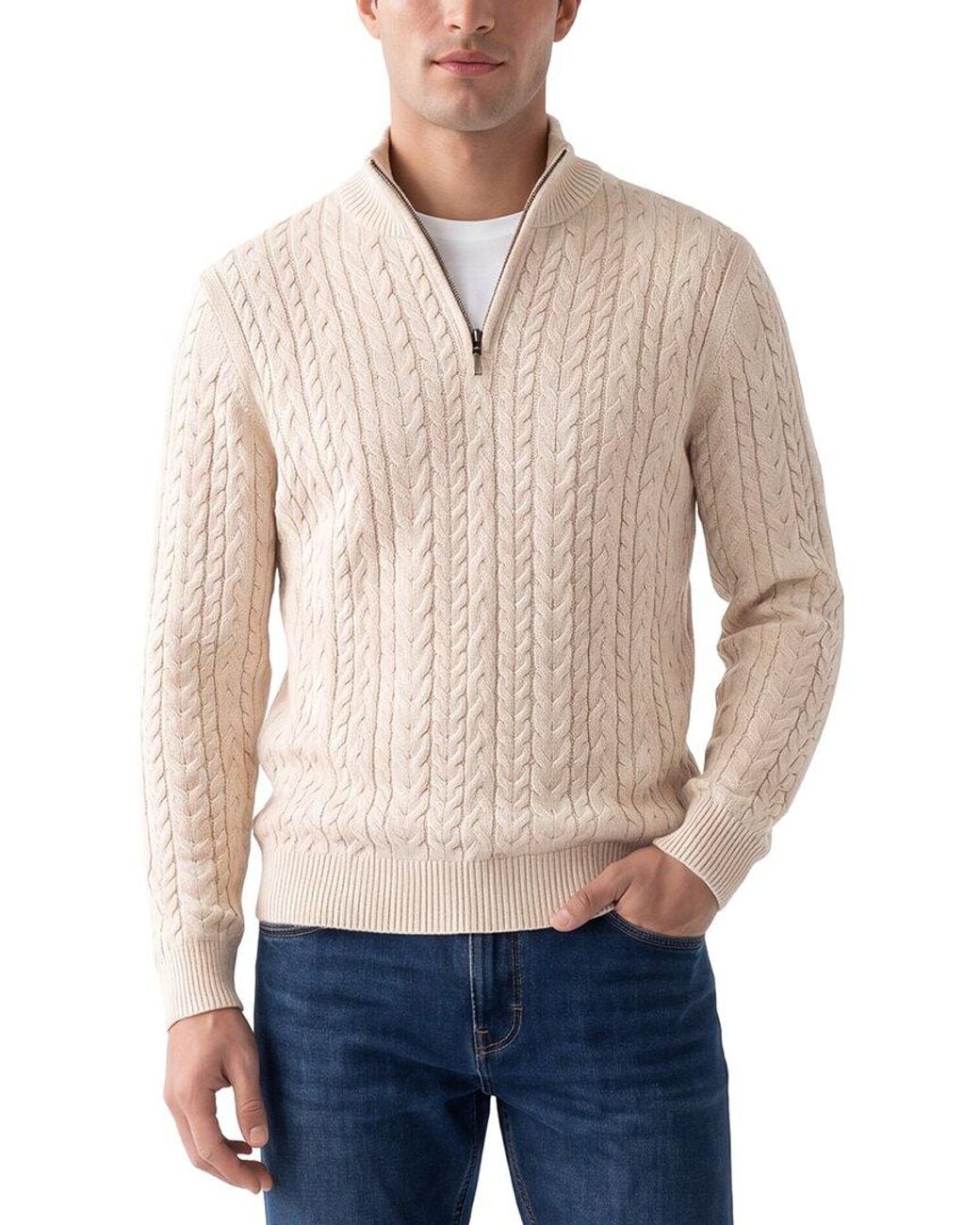 Raffi Blue Cable 1/4-Zip Mock Neck Sweater for men