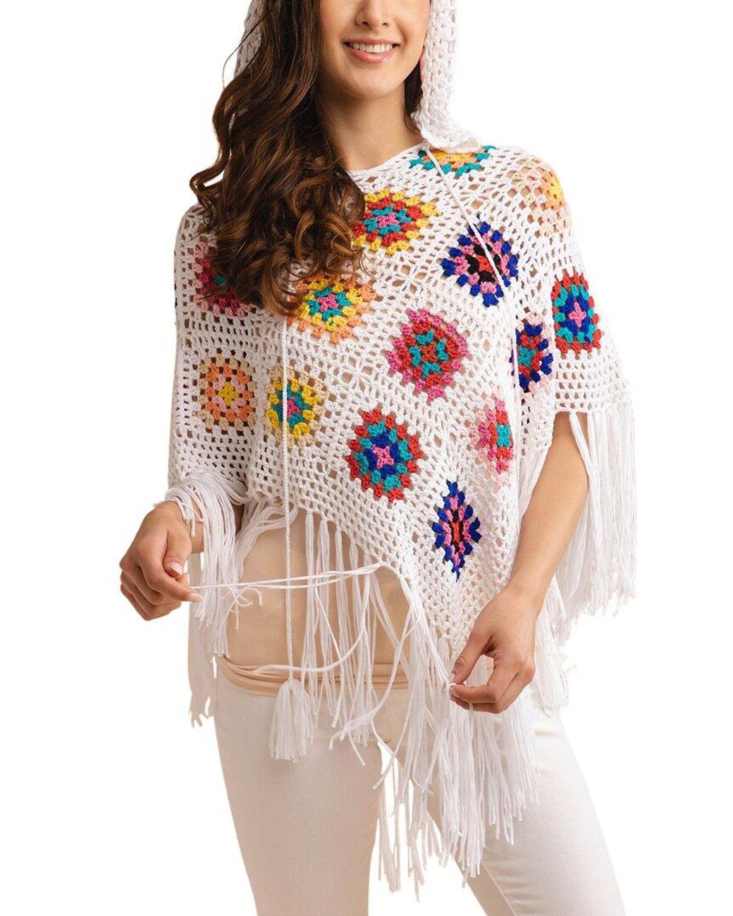 Saachi White Square Crochet Fringe Poncho